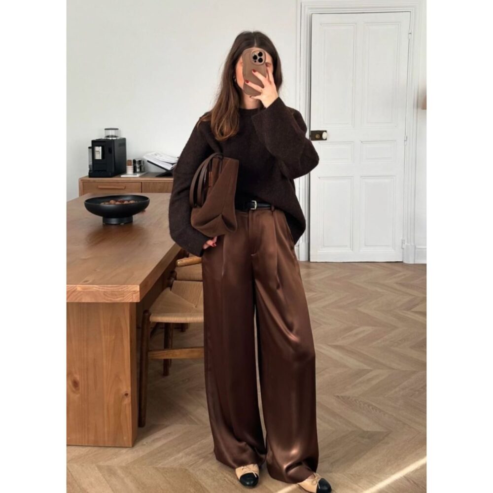 Satin women pants mocha brown