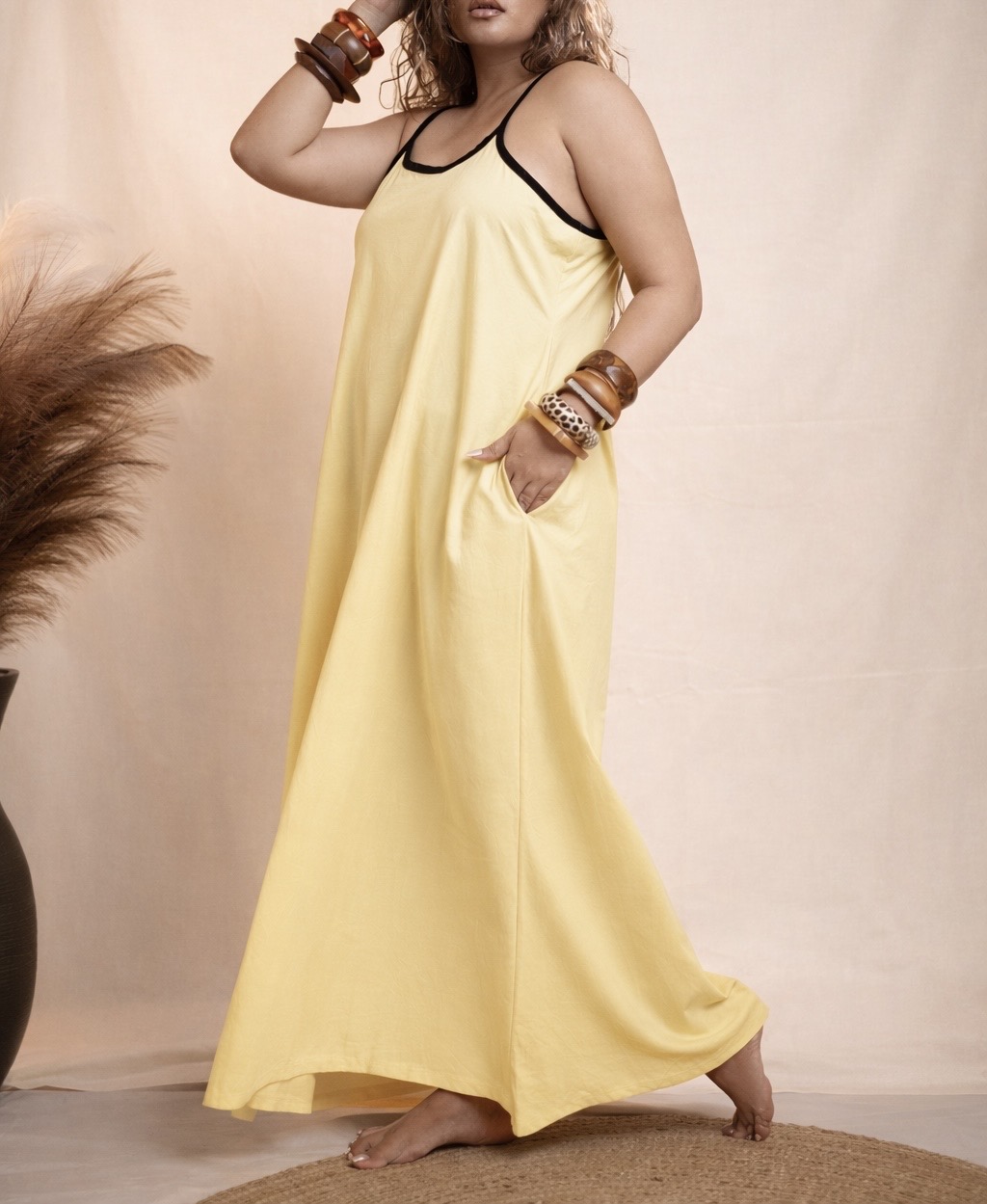 POCKET LONG DRESS WITH CONTRAST STRAP (BUTTER YELLOW)